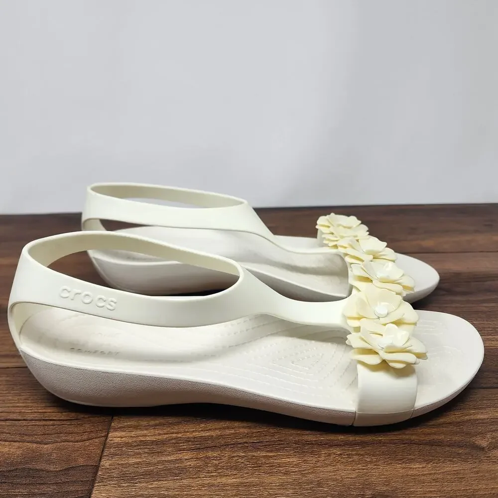 Crocs Serena Flower Embellished Flat T-Strap Sandal Women 10 Ivory and Cream - Picture 2 of 14
